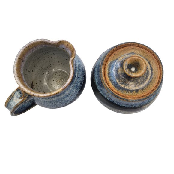 Hand Made Pottery Sugar with Lid and Creamer Set Blue Brown Rustic Clay Artisan - Picture 8 of 8